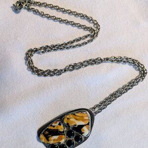 Native American Sterling Silver Paw Print Pendant - Jasper Onyx Inlay Necklace